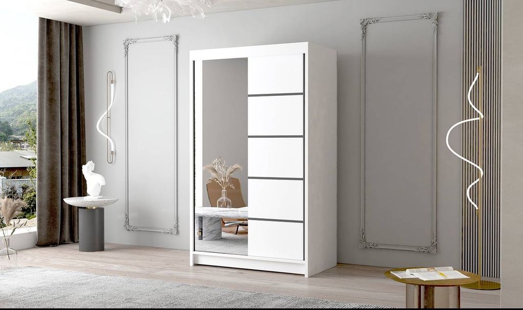 Schwebetürenschrank 2-türig Schrank 120 cm mit Regalen Moderne Kleiderschrank Garderobe für Kleidung Modell FALCO III WEISS