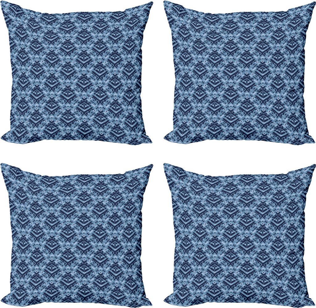 ABAKUHAUS Volk Kissenbezug Set (4 Stück), Blau Monochrom Tribal Verziert, Moderner Doppelseitiger Digitaldruck, 60 cm x 60 cm, Blau, Grau, Nachtblau