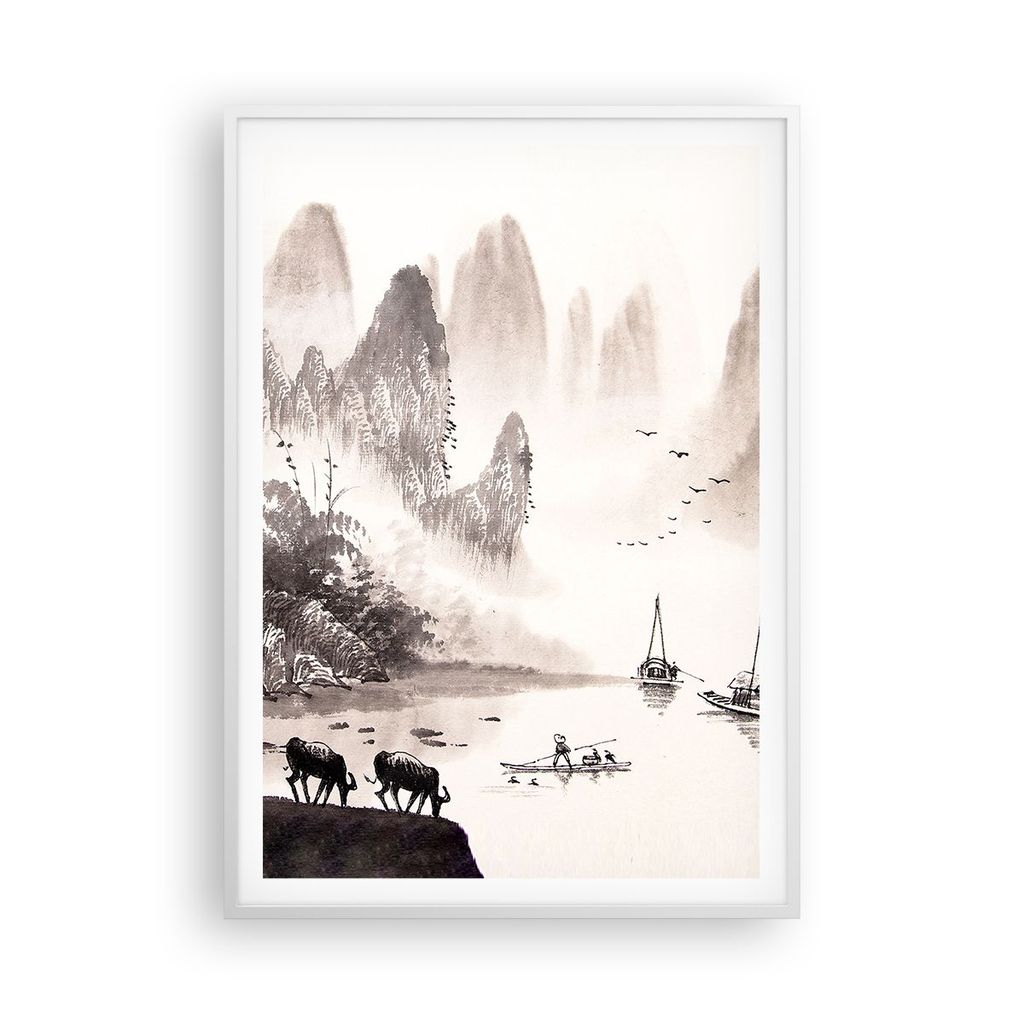 Gerahmtes Poster - Weißer Rahmen - Chinesisch Landschaft Aquarell - 70x100 cm - Wand Bild - Wanddeko - Wandbilder - Wandposter - Bilderrahmen - Bi...