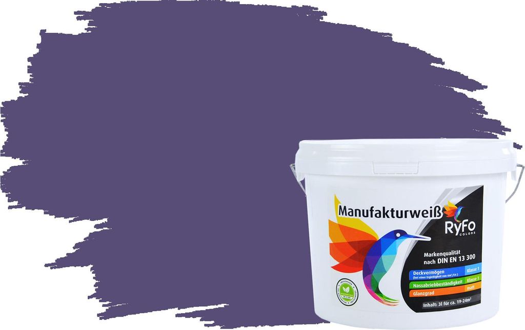 RyFo Colors Bunte Wandfarbe Manufakturweiß Violett 3l - weitere Violett Farbtöne und Größen erhältlich, Deckkraft Klasse 1, Nassabrieb Klasse 1