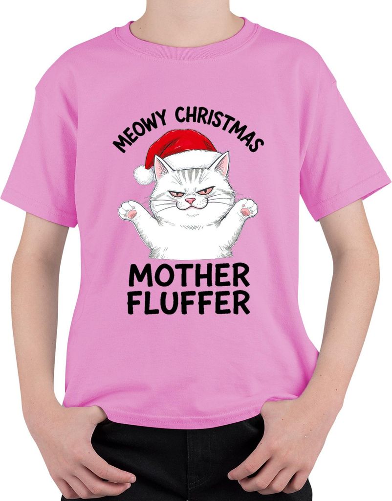 MEOWY CHRISTMAS MOTHER FLUFFER Weihnachten Katze Geschenk Lustig Uni Kinder T-Shirt, Pink, 128