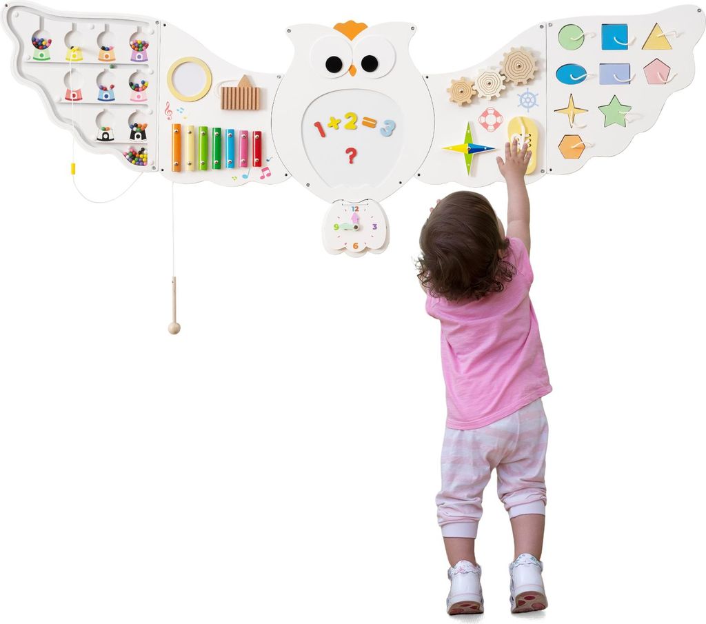 COSTWAY Montessori Motorikbrett, 11-in-1 Busy Board Holz mit Magnettafel & Uhr & Xylophon, Montessori Spielzeug, Motorikboard für Kinder ab 1 Jahr