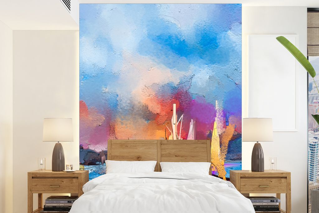 MuchoWow Fototapete für Wohnzimmer oder Schlafzimmer Wandtapete Vinyl Motivtapete Malerei - Boote - Wasser - 165x220 cm - Wanddekorationen