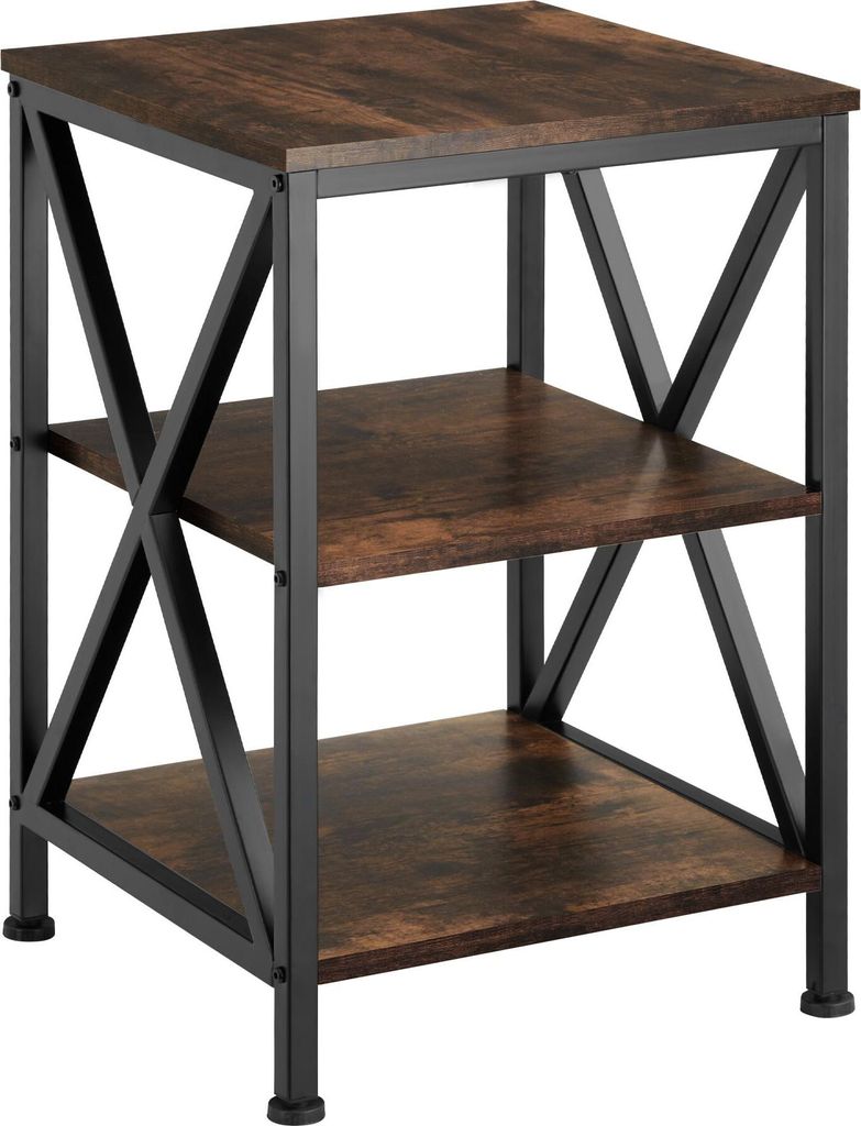 A three-tiered side table with a dark wood grain finish and black metal frame.