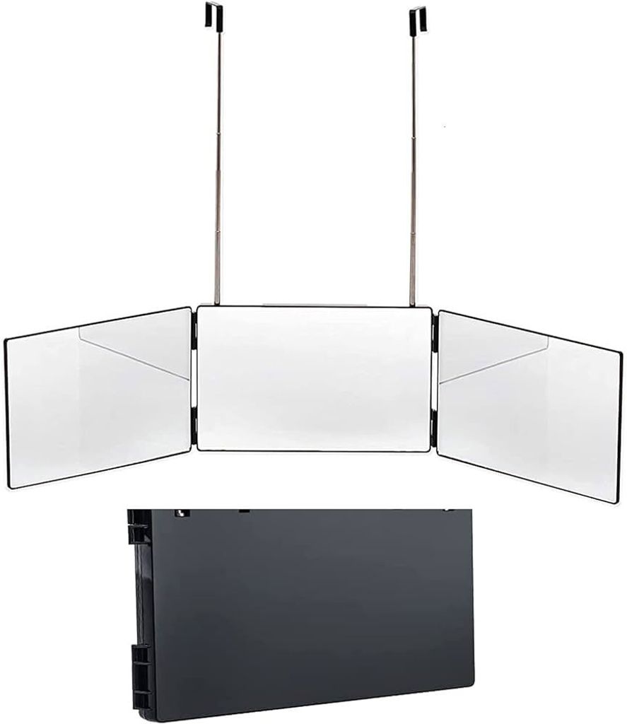 A three-panel folding mirror suspended by two rods, with a black base unit below.