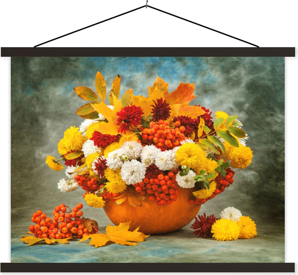MuchoWow Textilposter Blumen - Herbst - Obst 60x45 cm mit schwarzem Rahmen - Poster Schlafzimmer