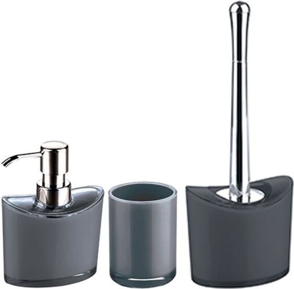 MSV Badezimmer Set Manihi, 3-teiliges Badzubehör aus Acryl, Seifenspender, WC Bürste, und Zahnputzbecher Grau