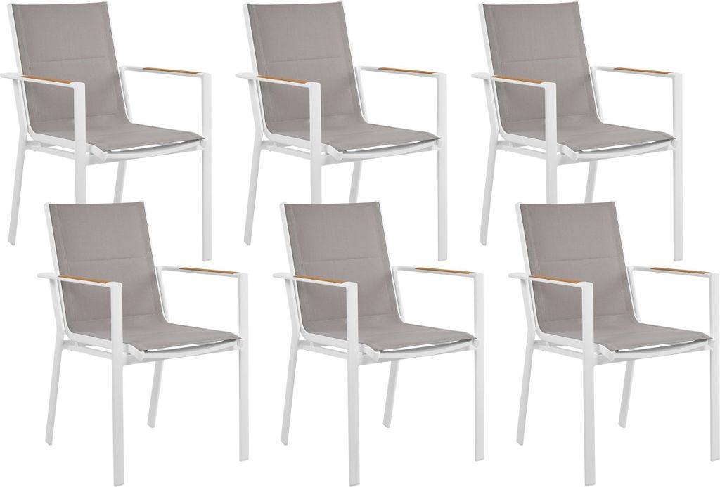 BELIANI Gartenstuhl 6er Set Weiß Aluminium mit Bespannung Grau Stoff Armlehnen Holzoptik Stapelbar Modern Outdoor Indoor Terrasse Balkon Ausstattung