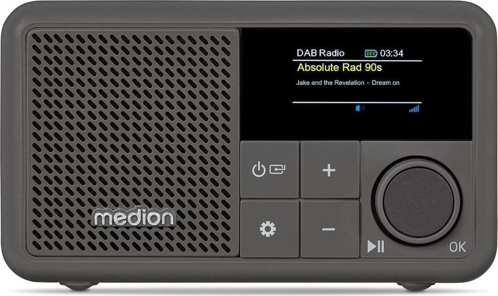 A studio shot of a gray Medion DAB+ radio with a screen displaying radio information and buttons for control.