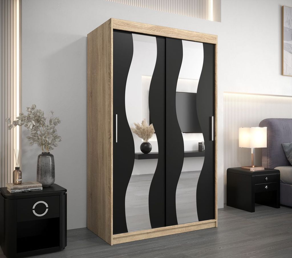 Kleiderschrank mit Spiegeln MARGIT – Breite 120 cm, Sonoma-Eiche / Schwarz