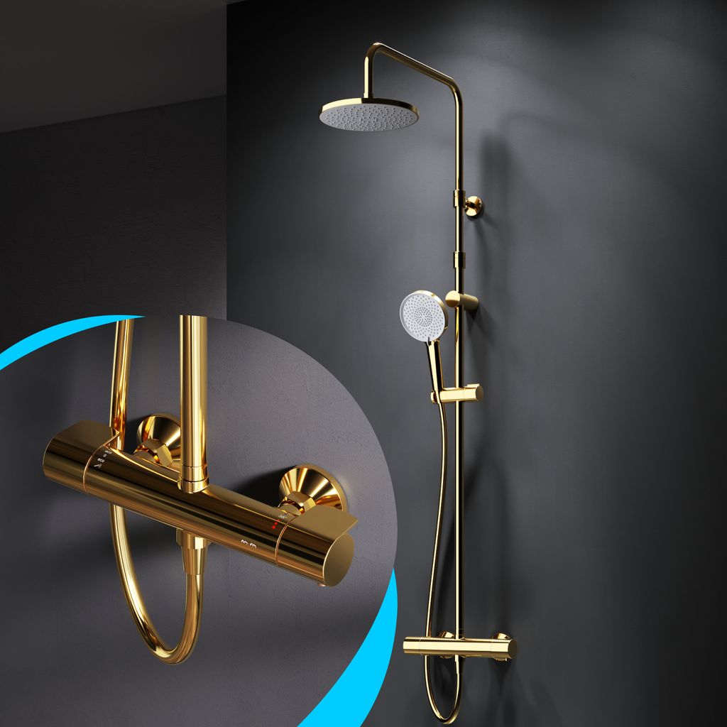 AM.PM Duschsystem Regendusche mit Thermostat 38°C Edelstahl Duscharmatur Set Gold, Duschsäule Regendusche, inkl. verstellbar Duschstange und Hand...
