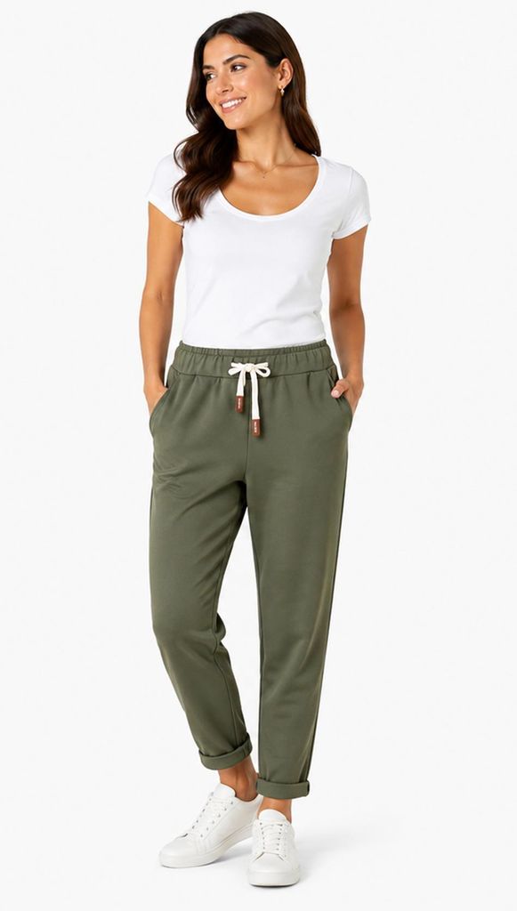 Damen Jogginghose mit Kordelzug – Bequeme Freizeithose mit Taschen, elastischer Bund, schmaler Schnitt Khaki/S/M