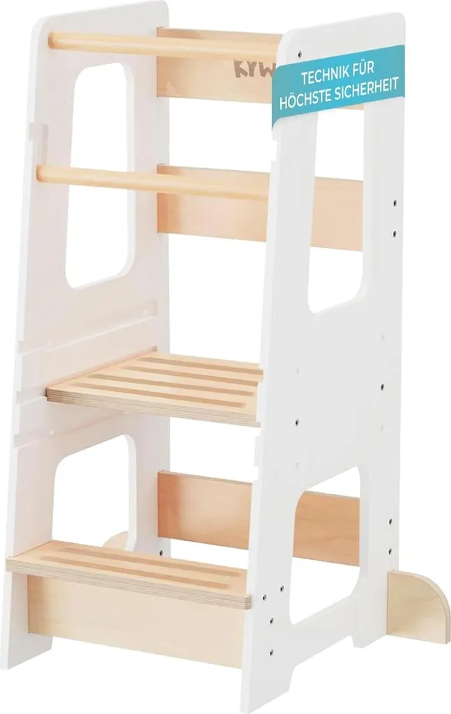 Tour d'apprentissage Montessori blanche réglable en bois avec barrières