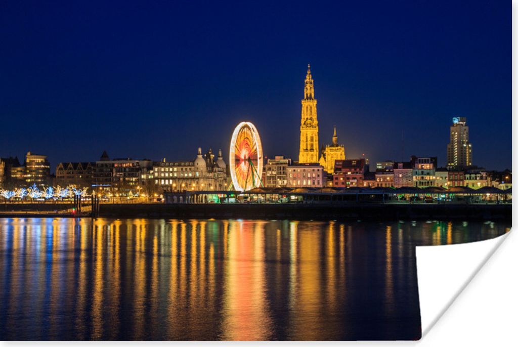 MuchoWow Poster Skyline - Antwerpen - Nacht 180x120 cm - Fotoplakat