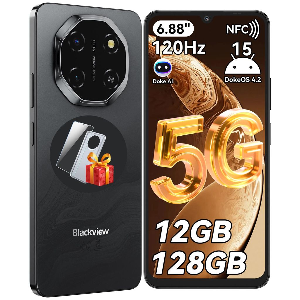 Blackview Shark 6 Handy 5G, 6,88“, 12GB(4+8GB)+128GB/2TBTF, Octa Core, AI Fotoalbum, Android 15, ohne vertrag, 5000mAh, Dual SIM, NFC, 120Hz, 18W