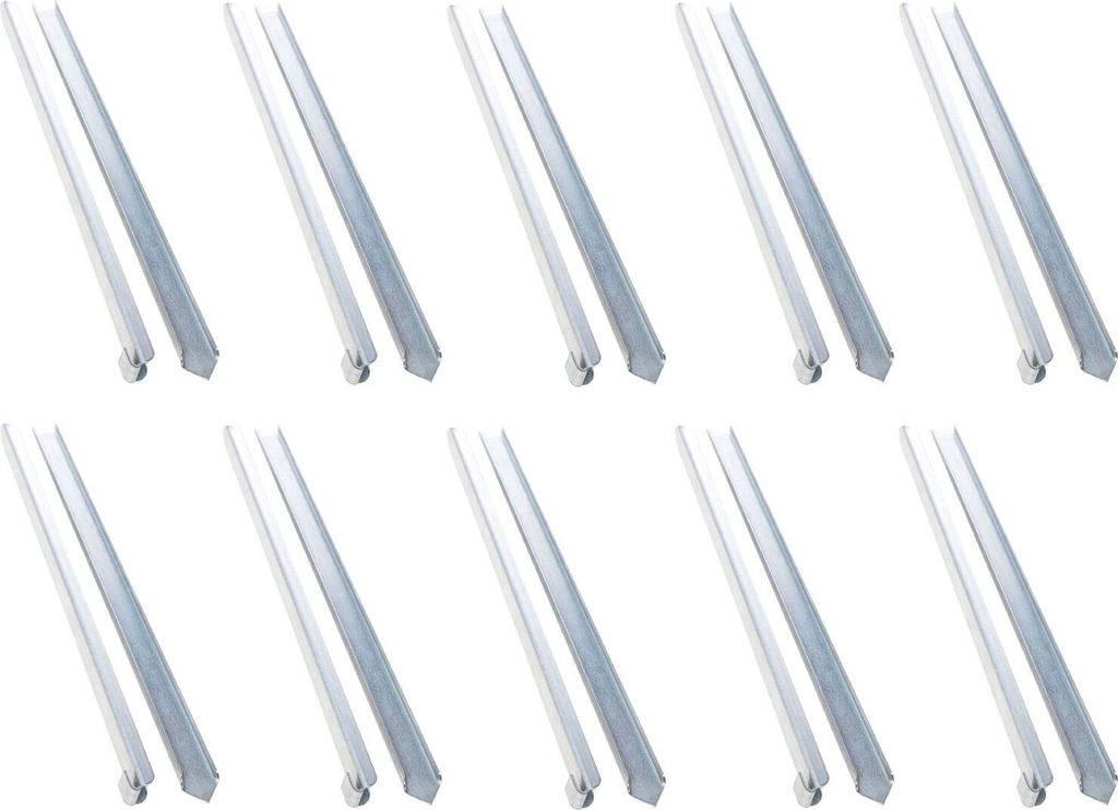 Ten identical metal garden stakes are arranged in two rows of five on a white background.