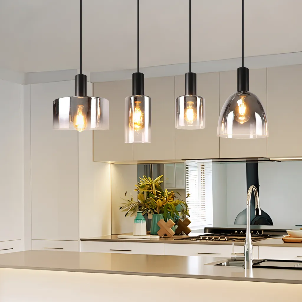 Lampada Sospensione ZMH 4 Fiamme E27 - Vetro Fumé per Tutta la Famiglia