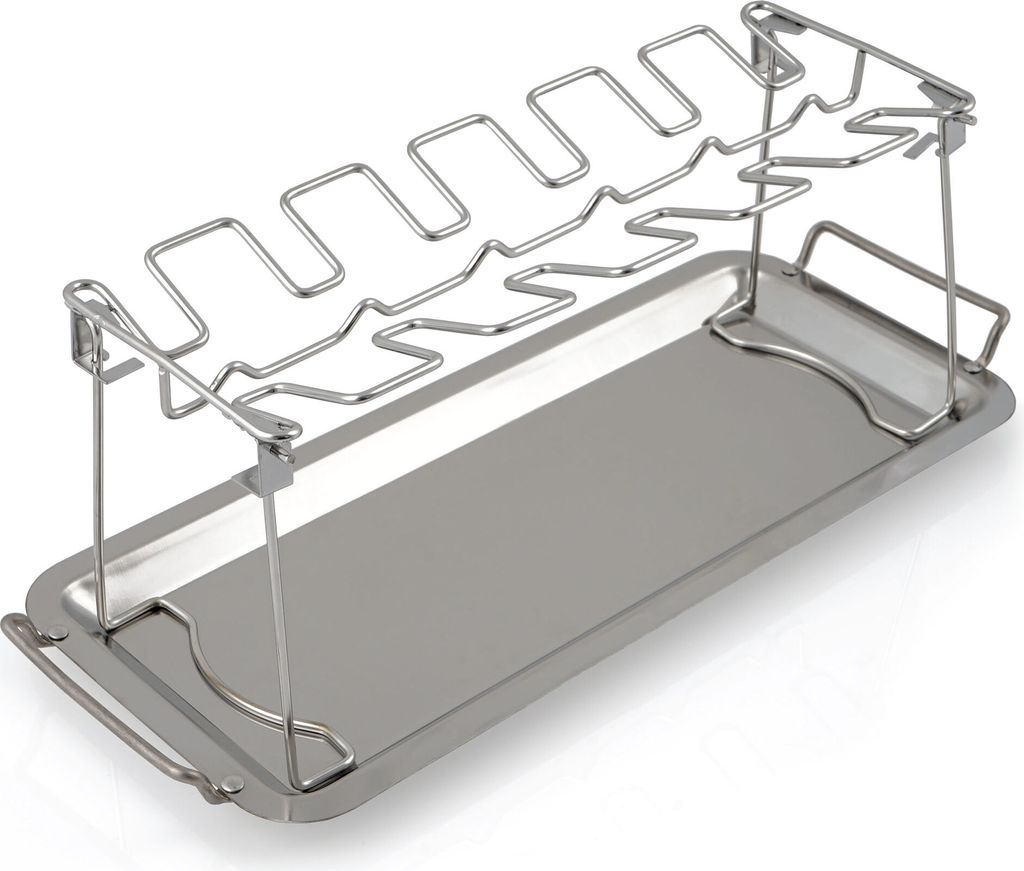 BBQ-Toro Edelstahl Hähnchenschenkelhalter für 12 Hähnchenkeulen, Grillgestell und Schale
