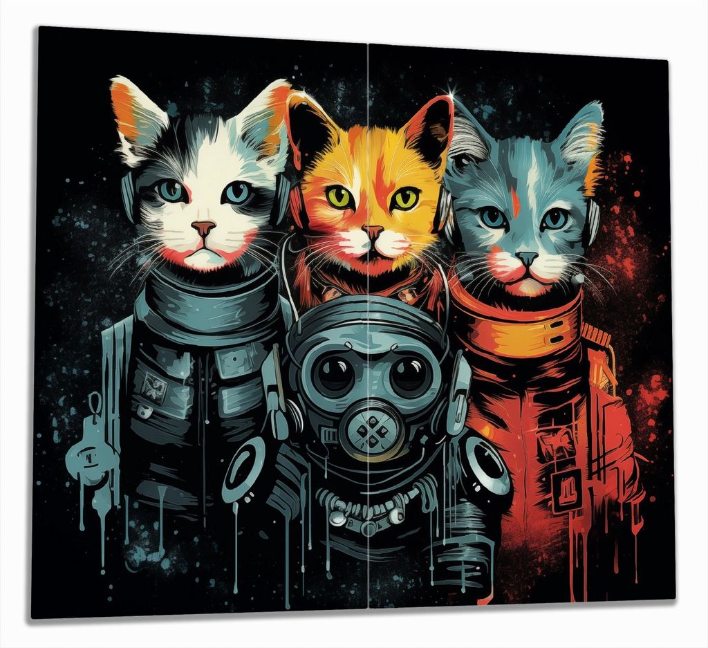 Wallario Herdabdeckplatte aus Glas, Größe 60 x 52 cm 2-teilig, Motiv Katzen auf Mission
