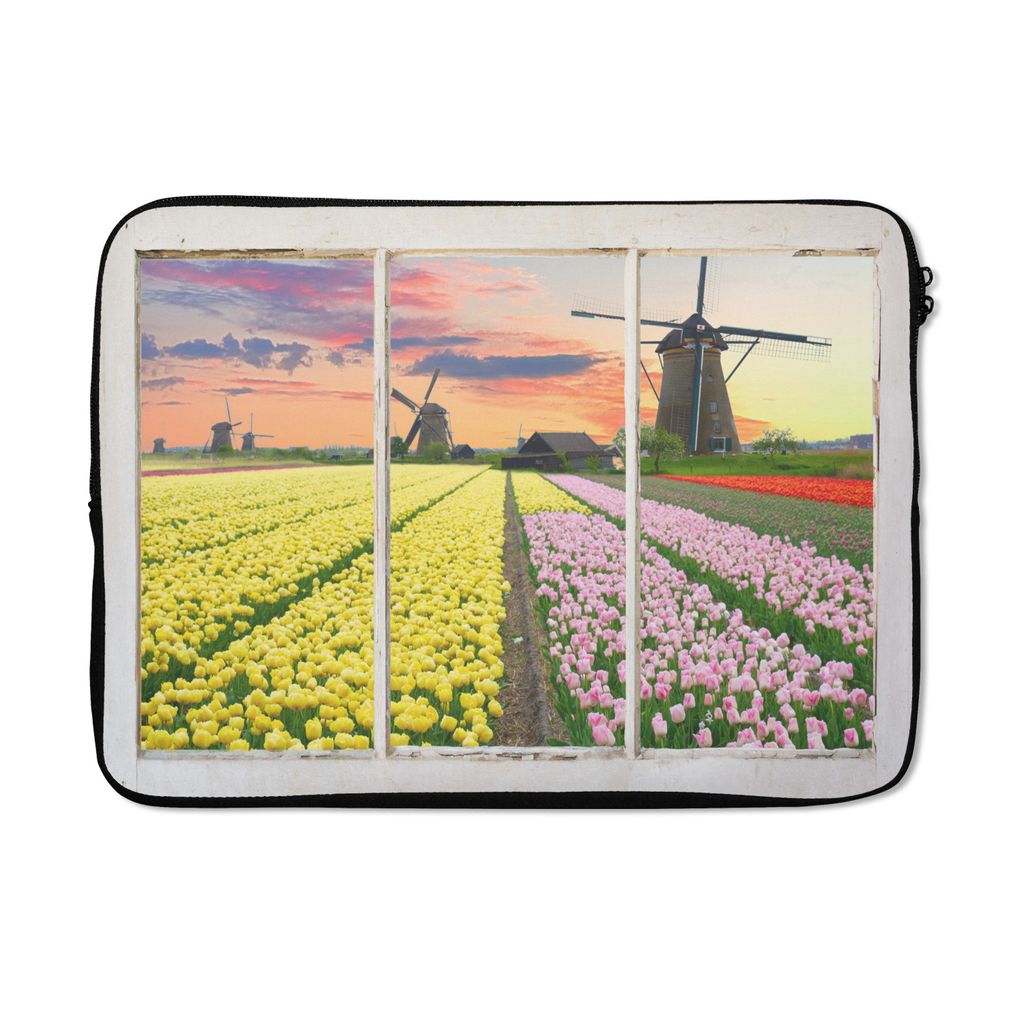 MuchoWow Laptop Hülle 13 Zoll Ansicht - Tulpen - Mühle Laptoptasche - Laptophülle - Sleeve - Rundumschutz