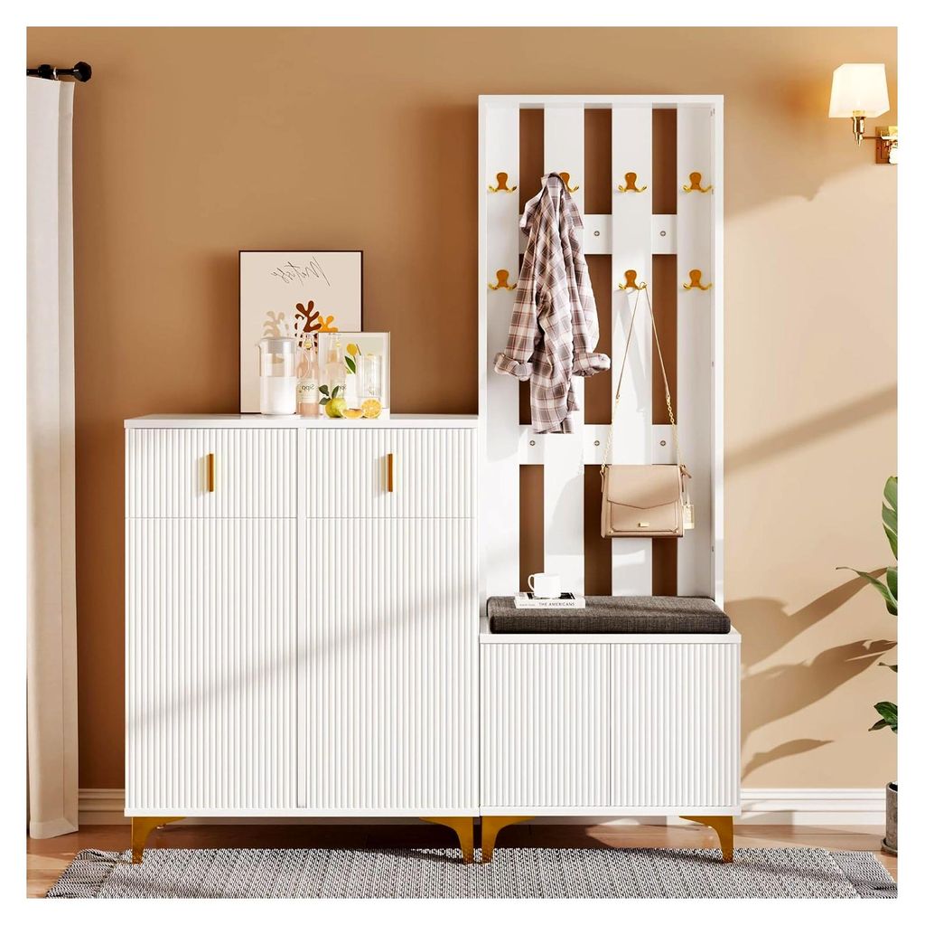 Flurgarderobe Set mit Schuhbank und Kissen – Garderobensystem mit Haken, Garderobenpaneel & Schuhschrank mit Schubladen und Türen, Stauraum für...