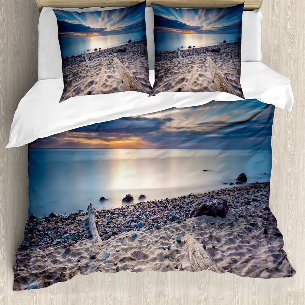 ABAKUHAUS Schwemmholz Bettbezug, Rocky Sea Shore Bäume, Milbensicher Allergiker geeignet mit Kissenbezügen, 155 cm x 220 cm - 80 x 80 cm, Blau un...