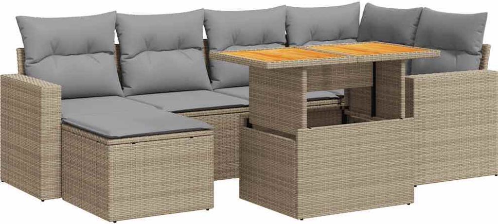 7-tlg. Garten-Sofagarnitur mit Kissen Beige Poly Rattan