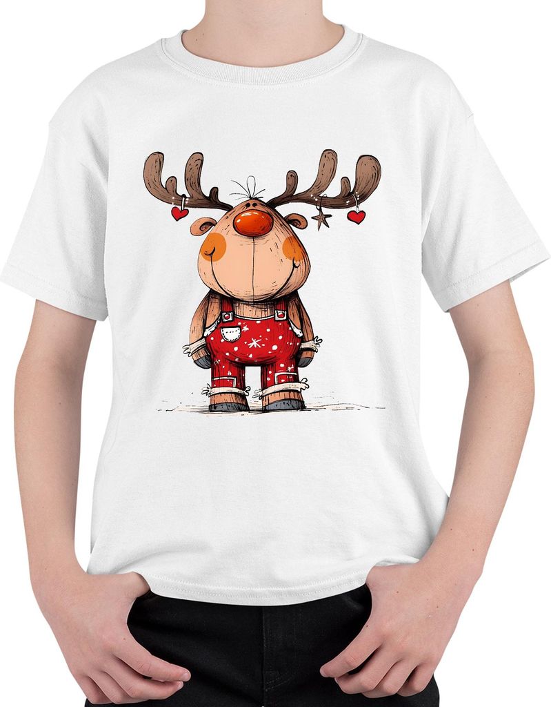 Niedliches Rentier Weihnachten rote Latzhose Herzen Geweih Kinder Uni Kinder T-Shirt, Weiß, 152
