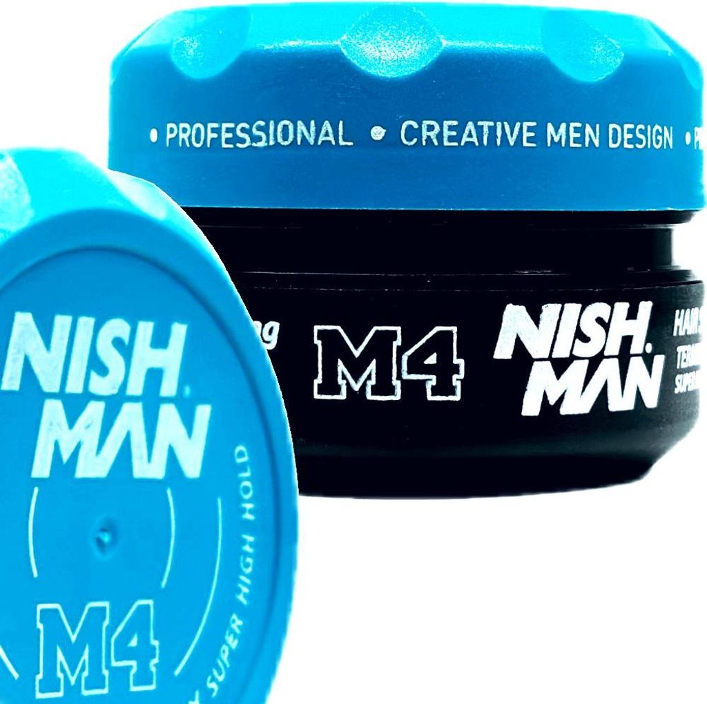 Two containers of hair styling product, one in the foreground and one in the background.