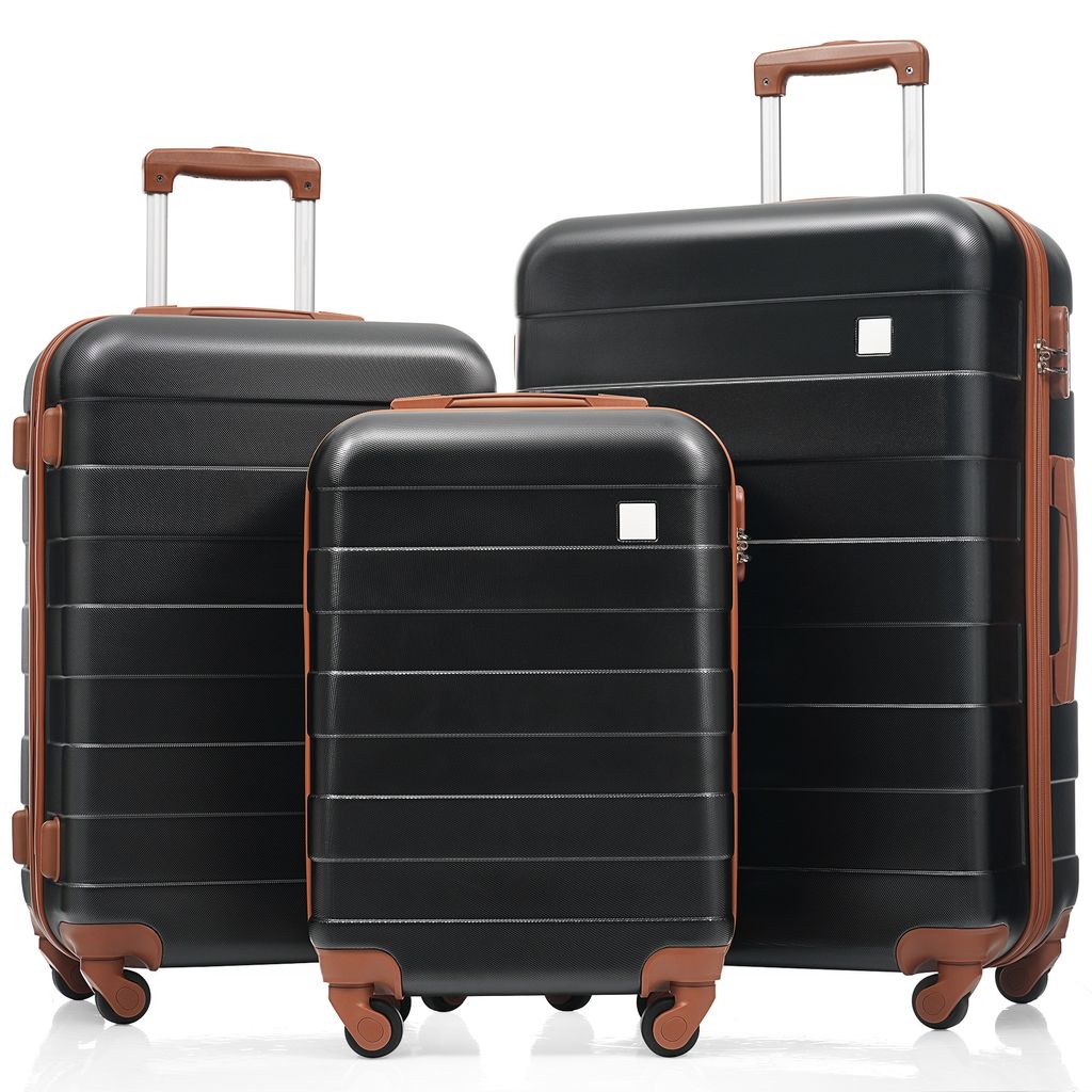 Flieks Hochwertige Kofferset 3 tlg., Koffer Reisekofferset mit 4 Rollen und TSA Schloss, Leichte Hartschale Trolley, M-L-XL, Schwarz