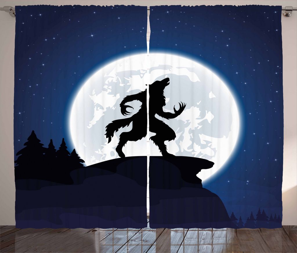 ABAKUHAUS Wolf Rustikaler Gardine, Halloween Thema Design, Schlafzimmer Kräuselband Vorhang mit Schlaufen und Haken, 280 x 225 cm, Dunkelblau Wei...