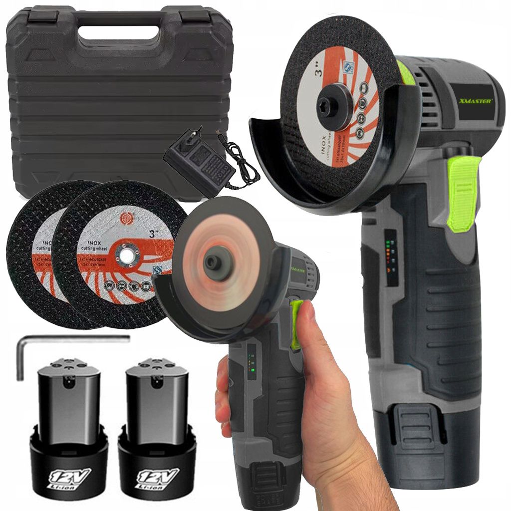 XMaster Mini Winkelschleifer 19500 U/Min, 12V Akku-Winkelschleifer mit 2x 2000Mah Akkus, 2x Schleifscheibe, 1x Schlüssel zum Einbau, 1x Ladegerät