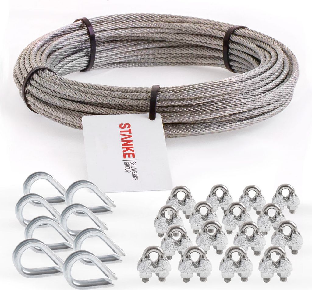 Seilwerk STANKE Rankhilfe Edelstahldrahtseil 50m V4A Edelstahlseil 4mm 7x7, 8x Kausche V4A, 16x Bügelformklemme V4A - SET 3