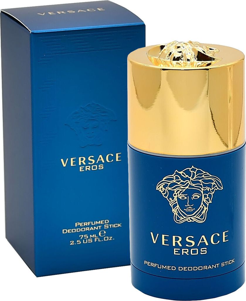 A product shot of a Versace Eros deodorant stick and its packaging.