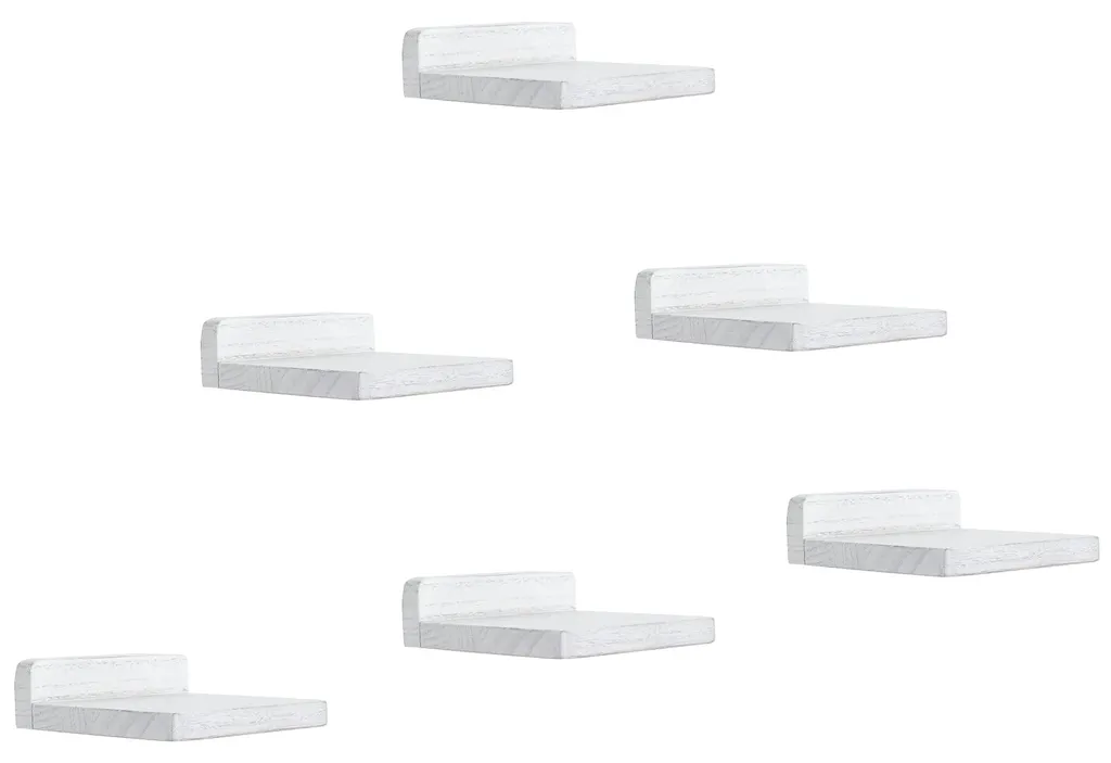 Étagères murales suspendues lot de 6, design bois blanc effet vintage