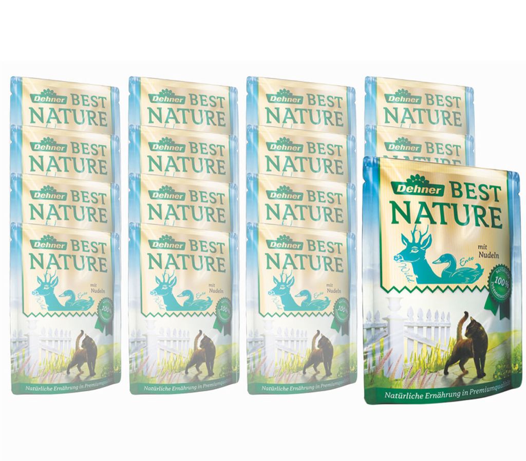 Dehner Best Nature Katzenfutter, Nassfutter, für ausgewachsene Katzen, Wild / Ente / Nudeln, 16 x 85 g Beutel (1.36 kg)