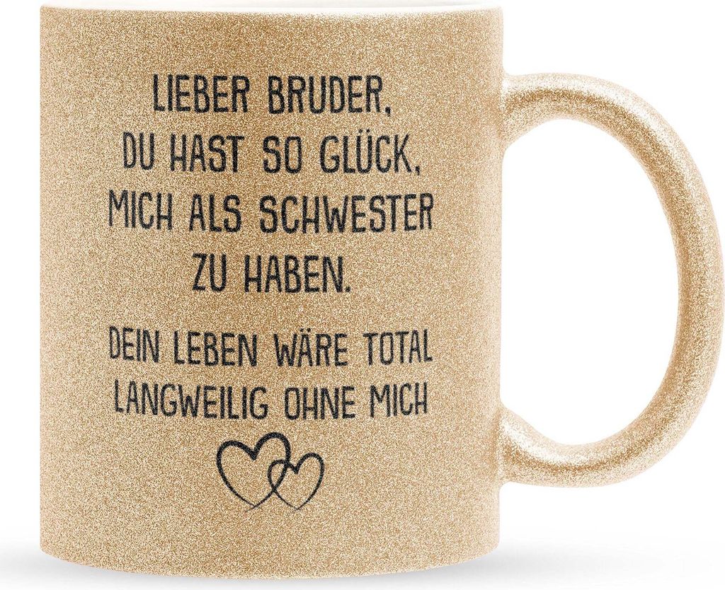 22Feels Glitzertasse Gold Bruder Geschenk von Schwester Jungs Geburtstag Weihnachten Geschwister Männer Haferl Teenager Bruderherz Geschenkidee B...