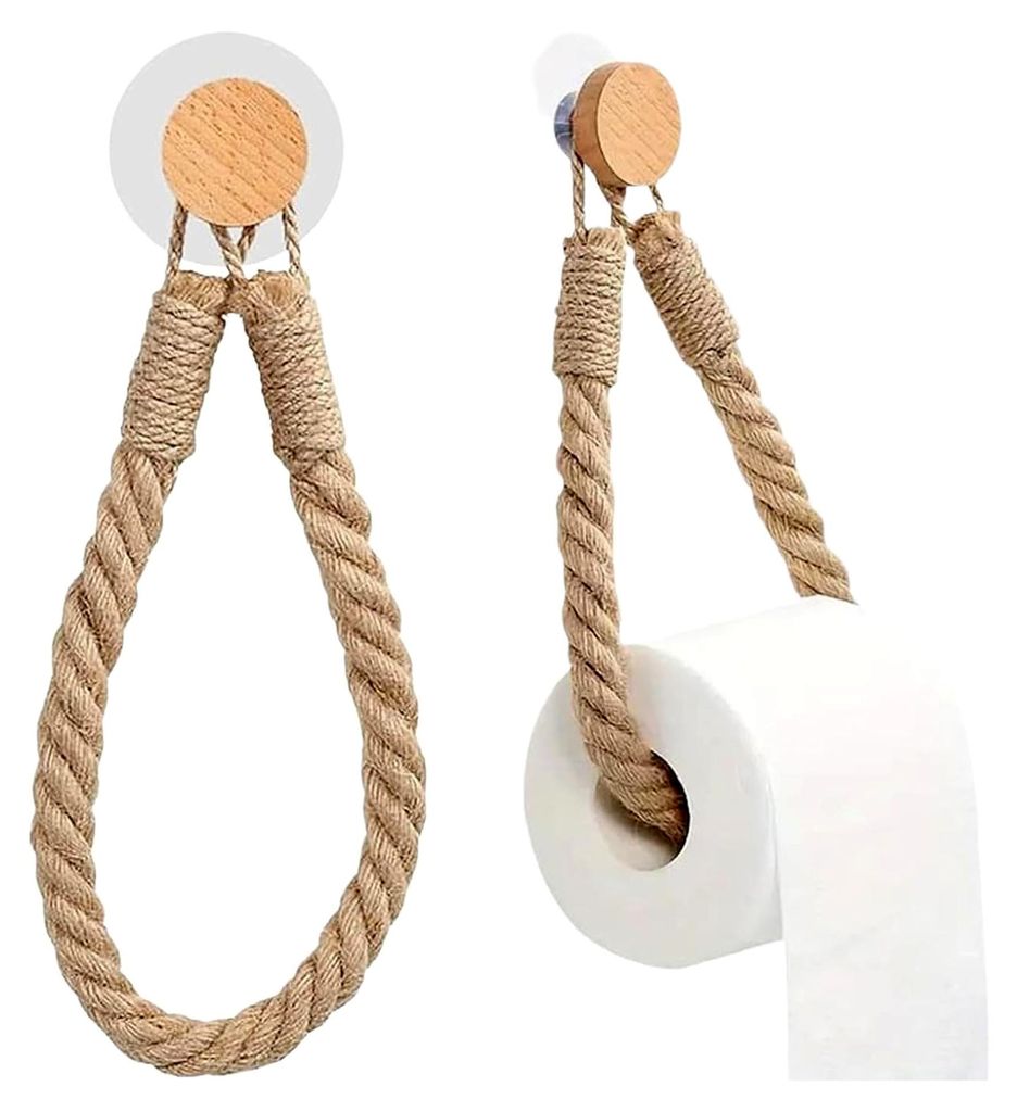 Toilettenpapierhalter und Handtuchhalter, Schwarz Matt, ohne Bohren, mit Hanfseil, Badezimmerdekoration