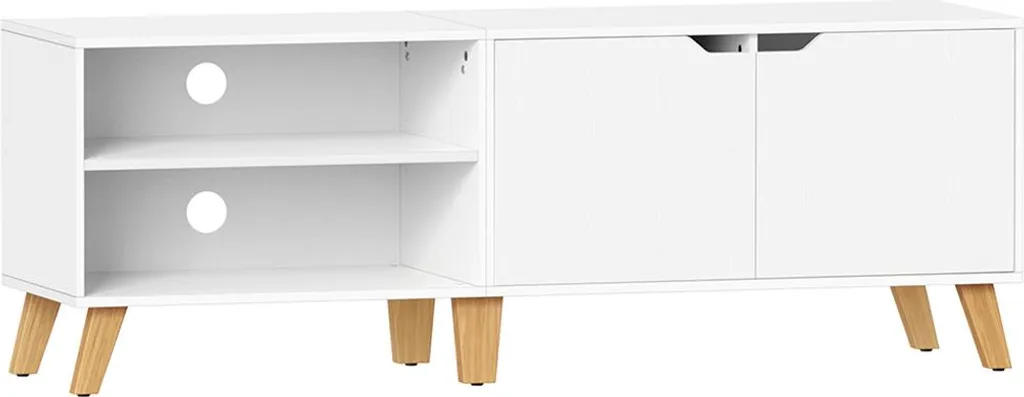 Banc TV blanc avec rangements 2 portes - Grand meuble de salon 140 cm