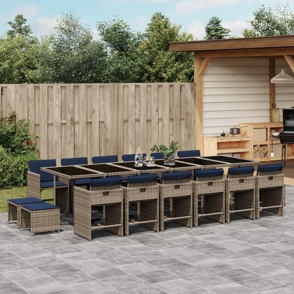 Möbel 17-teiliges Garten-Ess-Set mit Kissen, grau, Polyrattan - Gartenmöbelgarnituren 3277956