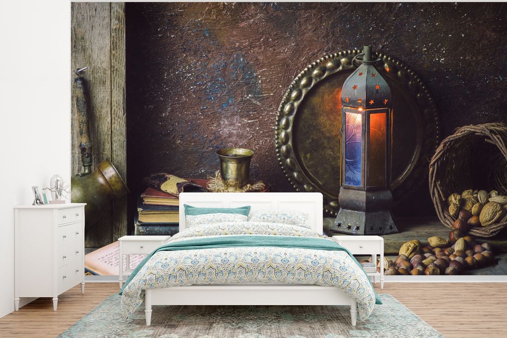 MuchoWow Fototapete für Wohnzimmer oder Schlafzimmer Wandtapete Vinyl Motivtapete Buch - Stilleben - Walnuss - Laterne - Vintage - 375x280 cm - ...