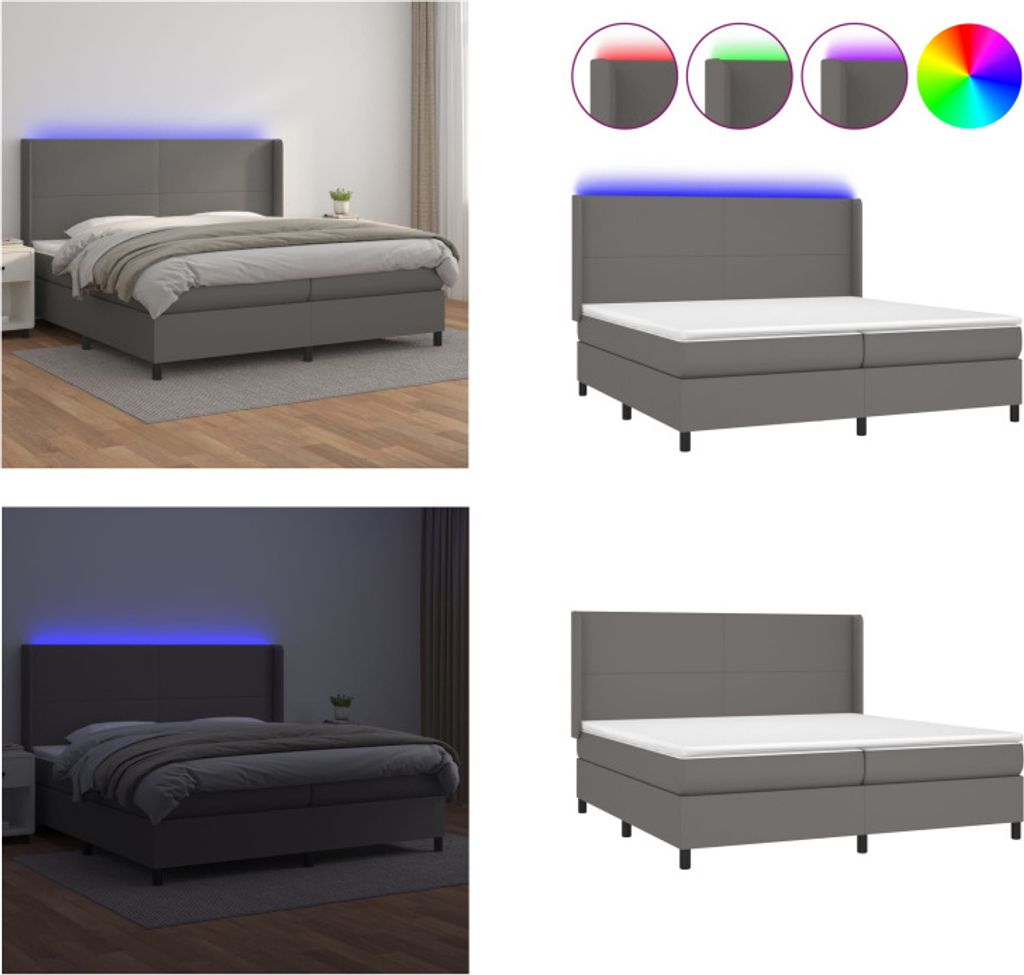 vidaXL Boxspringbett mit Matratze & LED Grau 200x200 cm Kunstleder - Boxspringbett - Boxspringbetten - Bett - Schlafzimmermöbel