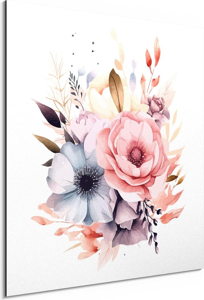 DEQORI Alu-Dibond Bild Weiß 50x50 cm 'Aquarellblütenpoesie' Wandbild Metall dünn Design