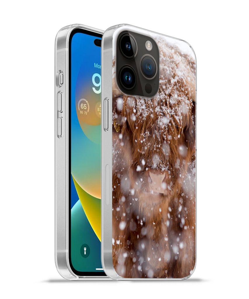 MuchoWow Handyhülle Schutzhülle Hülle für Apple iPhone 14 Pro Max Schottischer Highlander - Hörner - Schnee Silikon Softcase Handy Hülle - ...
