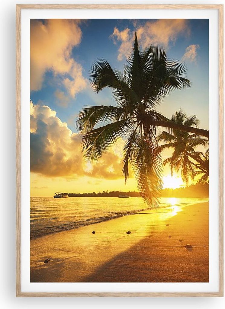 Gerahmtes Poster - Rahmen in heller Eiche - Meer Strand Palme - 70x100 cm - Wand Bild - Wanddeko - Wandbilder - Wandposter - Bilderrahmen - Bilder ...