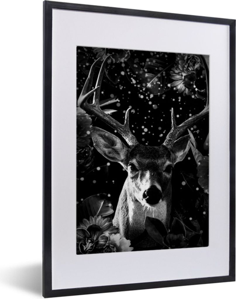 MuchoWow Gerahmtes Poster Botanische Hirsche mit hellen Kugeln vor schwarzem Hintergrund - schwarz und weiß 30x40 cm - Poster mit Schwarzem Bild...