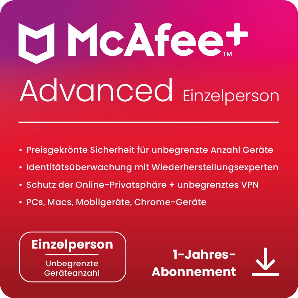 McAfee ADVANCED Individual Security / 1 Nutzer / Unlimit-Geräte / 1 Jahr / Lizenz per E-Mail