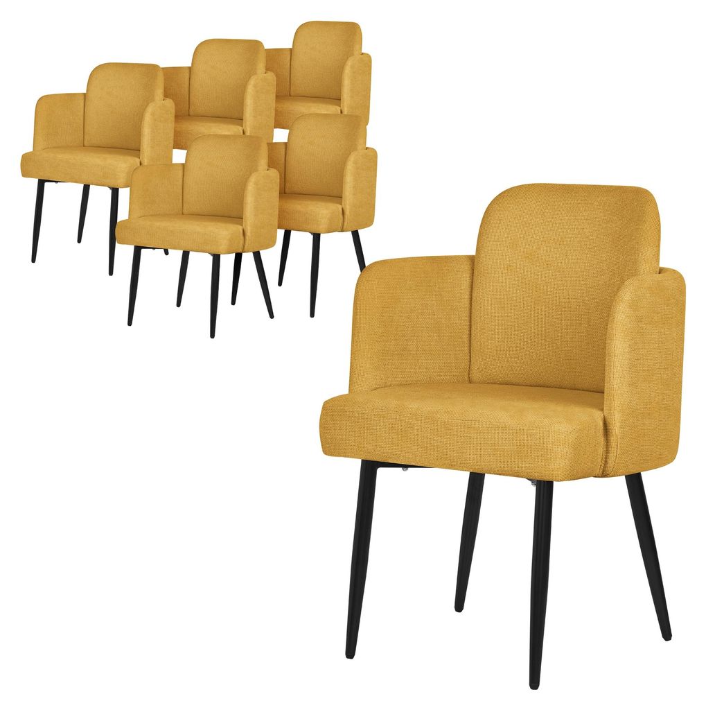 ML-Design 6er Set Esszimmerstuhl Senf Stoffbezug Küchenstuhl mit Armlehne & Rattan-Optik Rückenlehne Polsterstuhl mit Metallbeinen Ergonomische