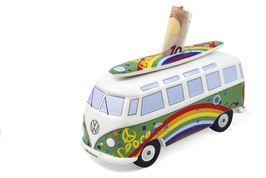 Sparschwein mit Surfbrett im T1 Bulli Bus Samba Design (Love Bus/Grün)