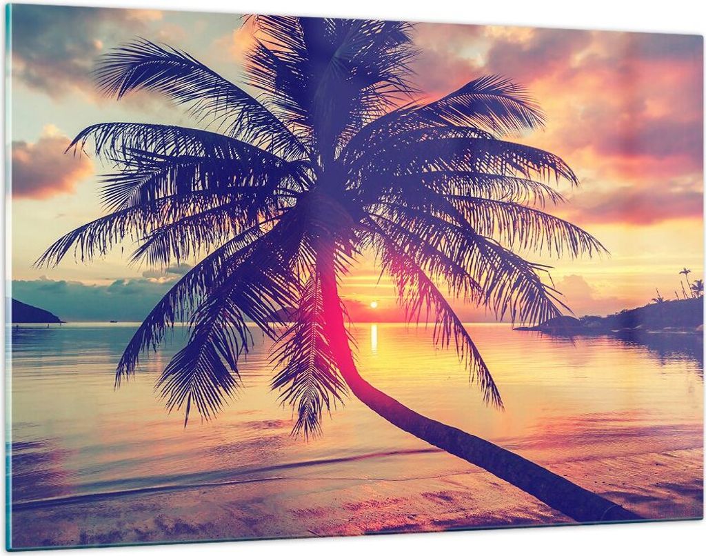 Bilder auf glas - Meer Strand Palme - 120x80cm - Glasbilder - Wandbilder - Kunstdruck - zum Aufhängen bereit - Wanddekoration aus Glas - Glas Bild...